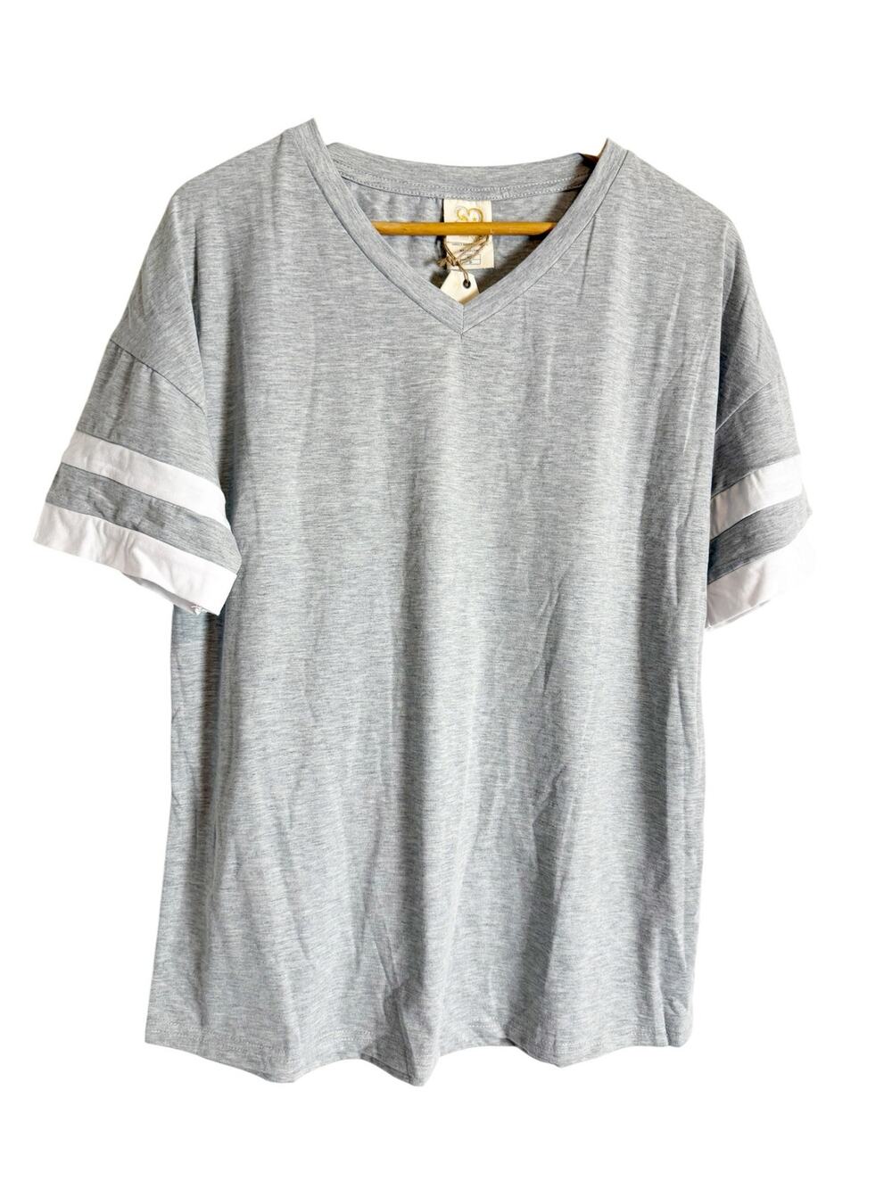 Suzie Q Heather Gray Stripe Short Sleeve V-Neck Sporty Cotton T-Shirt Size Small